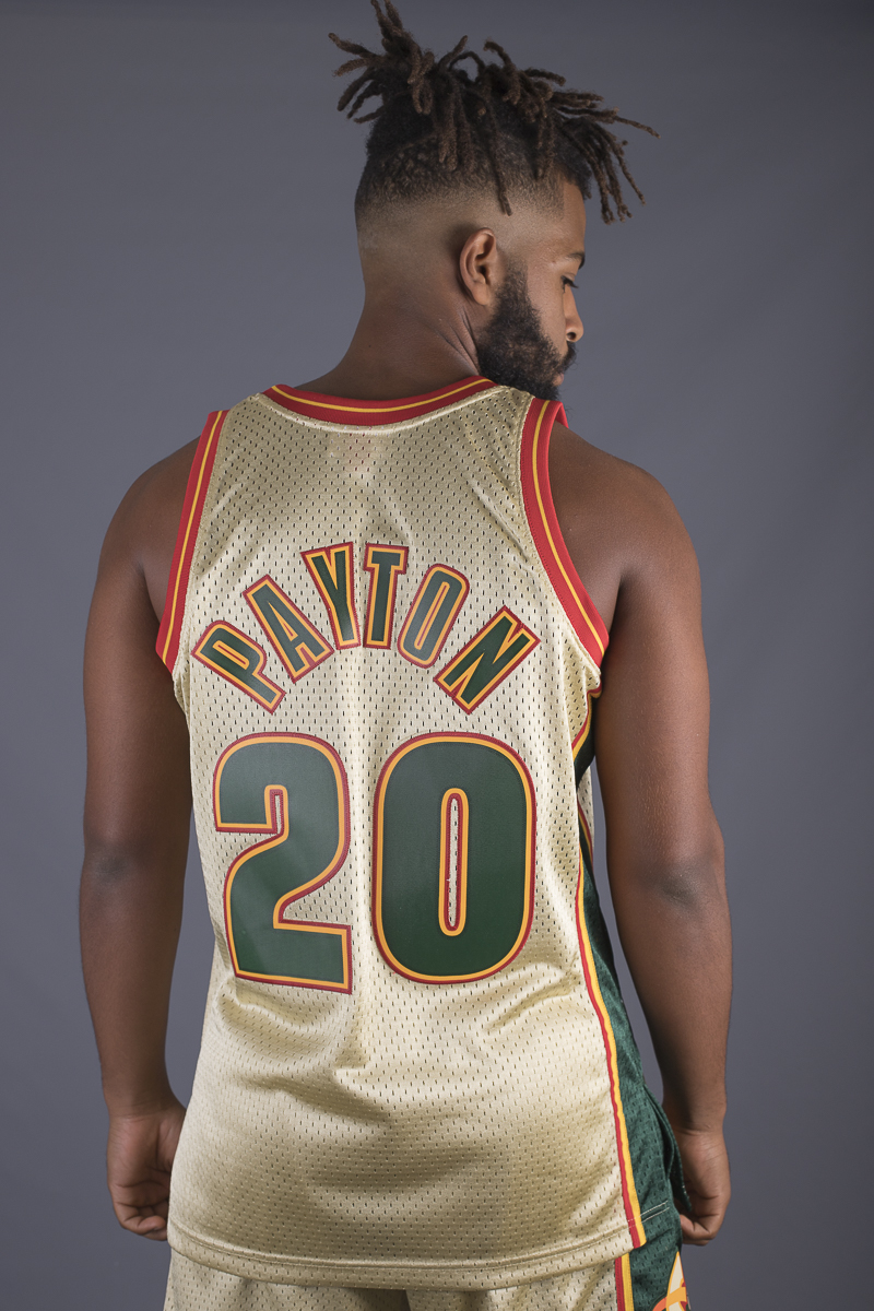 Men's Shawn Kemp Green, Gold Seattle SuperSonics Hardwood Classics 1995-96  Split Swingman Jersey