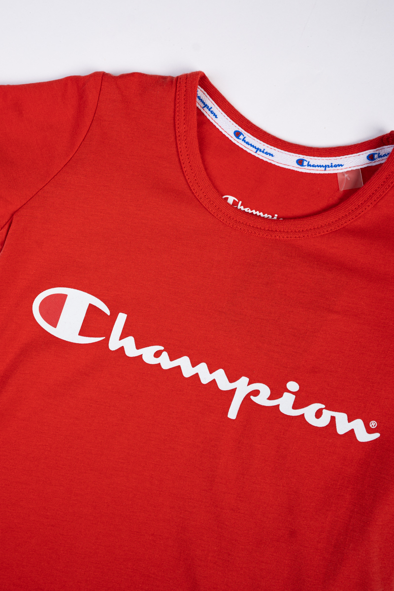 red and white champion shirt