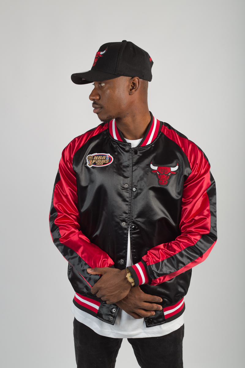 Retro NBA Finals Satin Bomber Jacket- Black/Red 