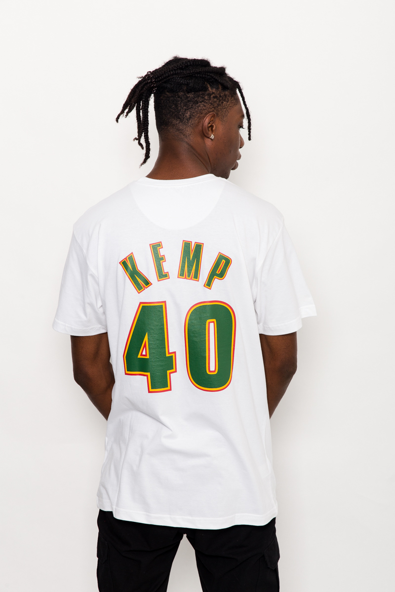 SHAWN KEMP SEATTLE SUPERSONICS NAME AND NUMBER TSHIRT MENS WHITE