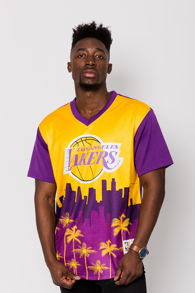 Mitchell & Ness LA Lakers mesh v-neck t-shirt in purple