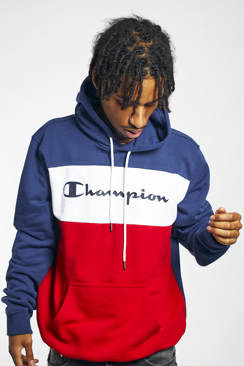 red white and blue striped champion hoodie